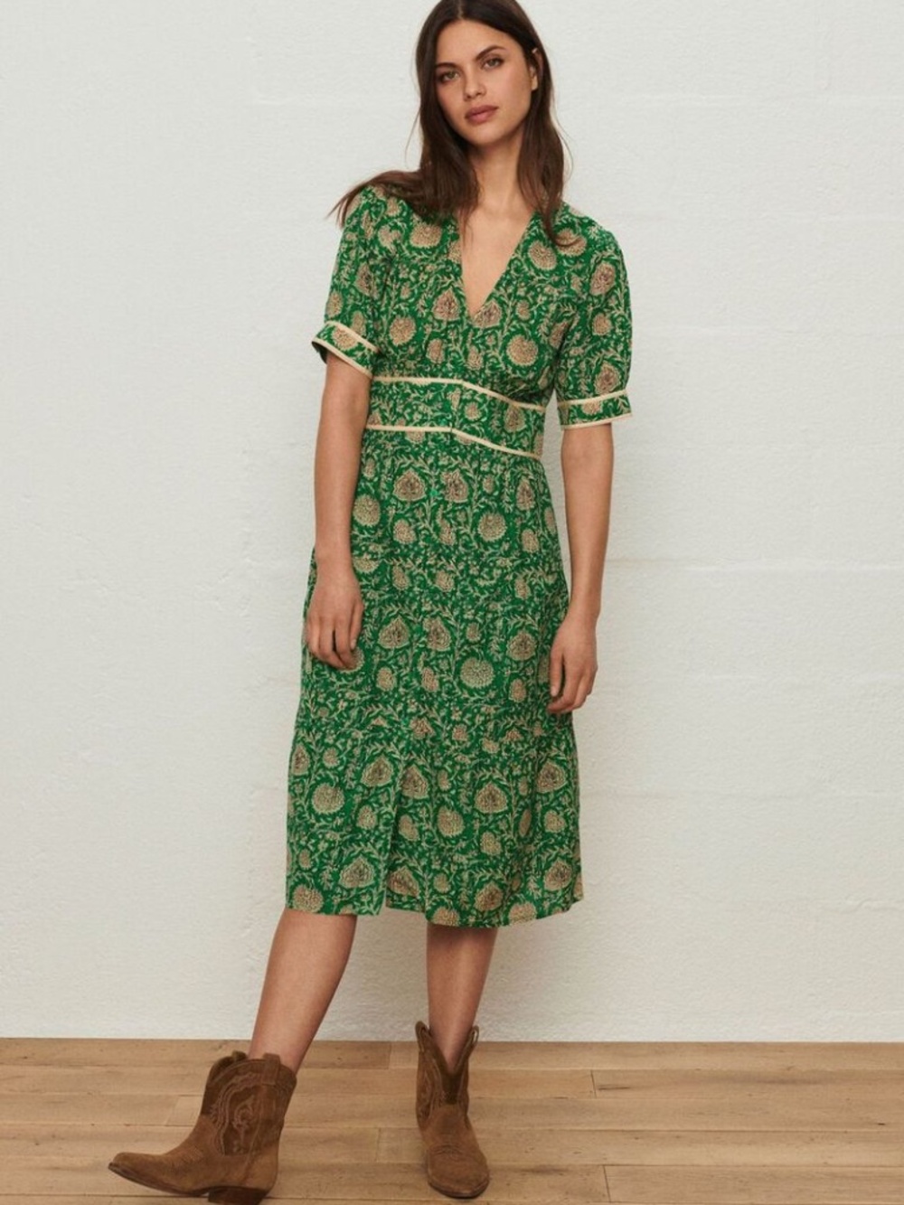 BA&SH Midi Dress green Plume floral-print v neck Size 2